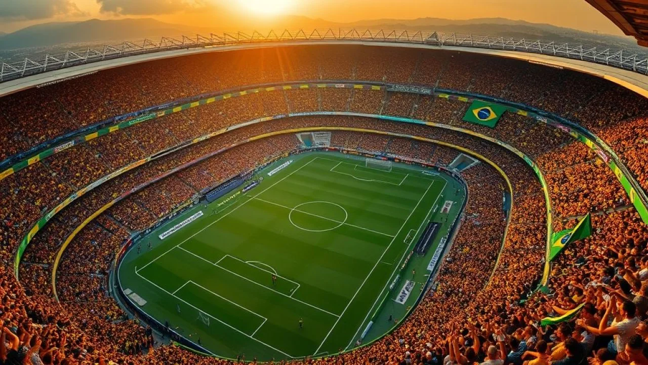 Estádio de futebol brasileiro lotado, torcedores vibrantes.
