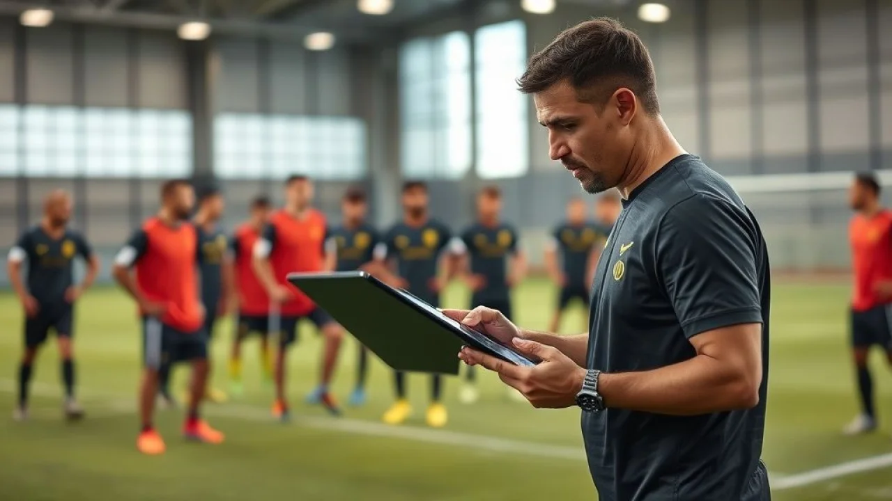 Técnico de futebol brasileiro analisa dados em tablet.