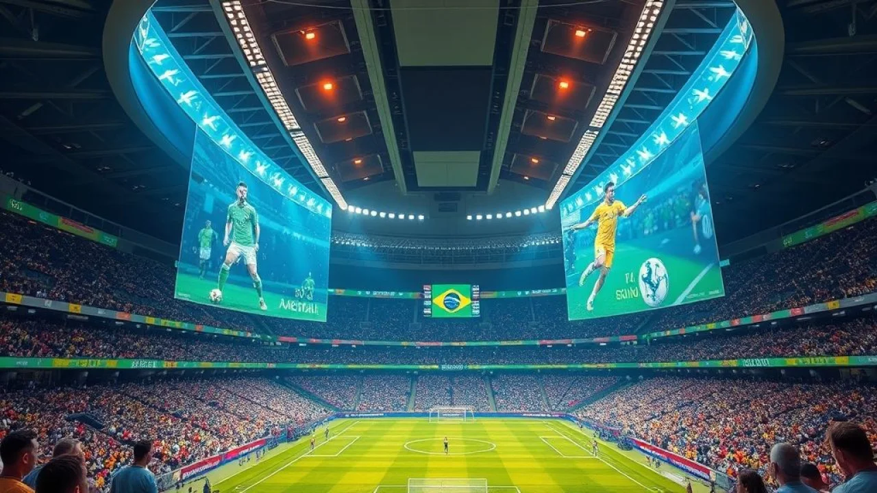 Estádio futurista com hologramas de jogadores.