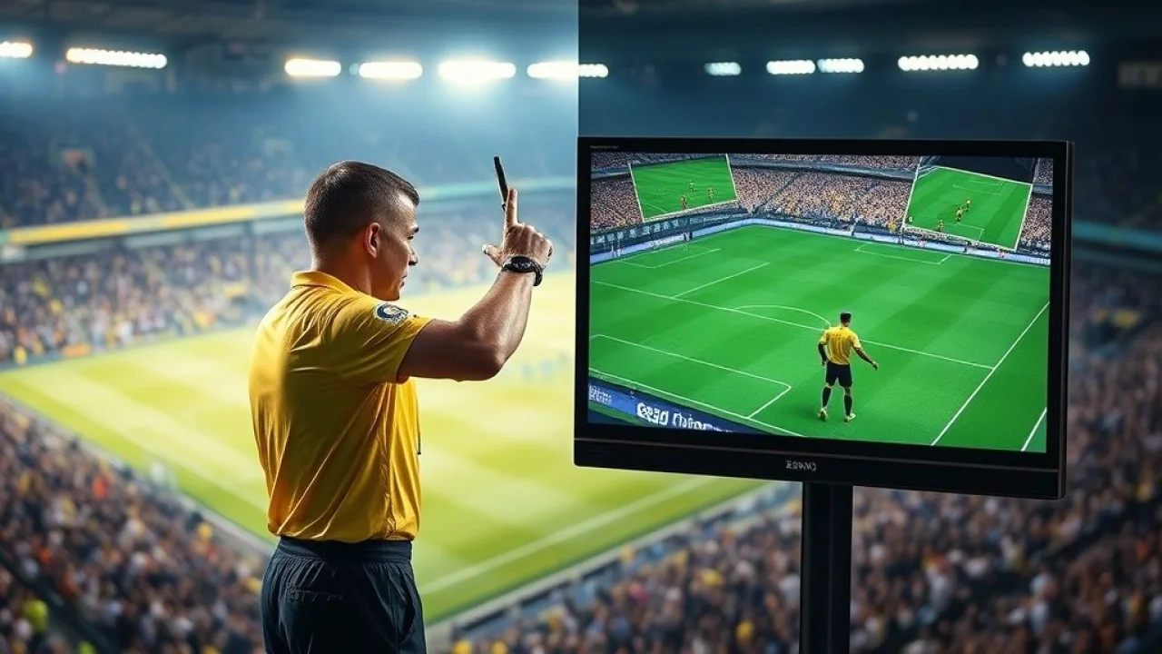 Árbitro de futebol e tela do VAR em análise.