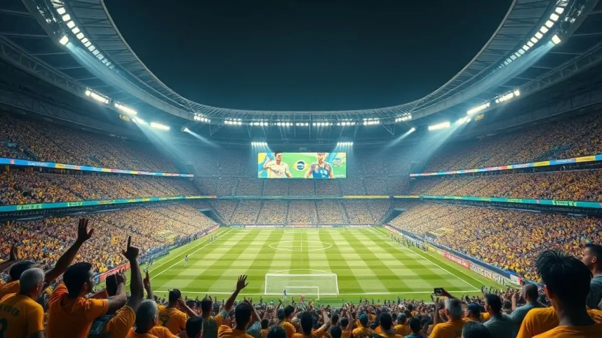 Inovação e Futebol: Como a tecnologia e o futebol se complementam atualmente Estádio de futebol brasileiro com torcedores vibrantes e displays de tecnologia moderna.