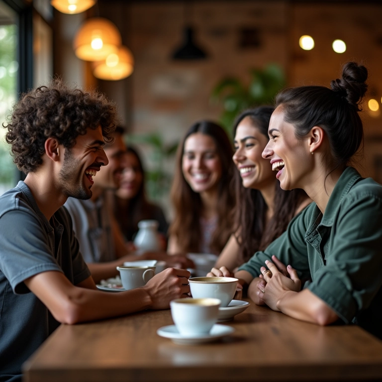 Amigos brasileiros conversando sobre finanças em um café aconchegante.