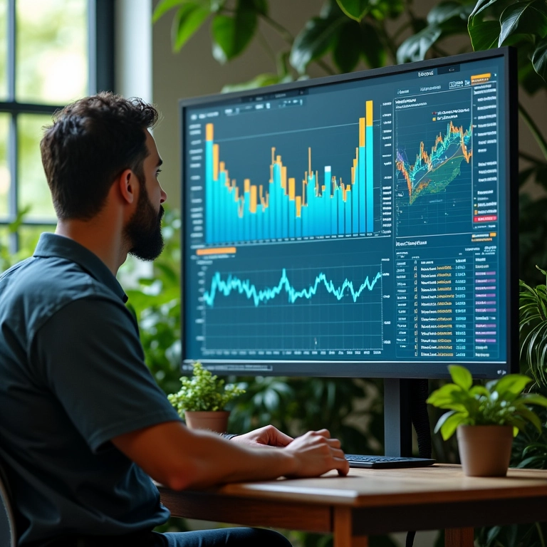 Analista financeiro analisando dados de unit economics em escritório vibrante.
