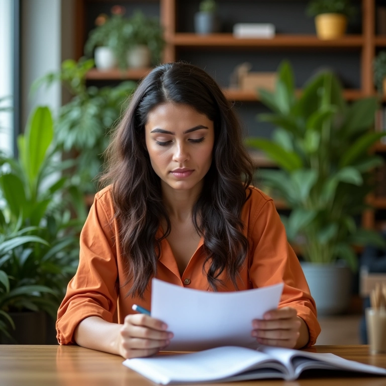 Empreendedor brasileiro focado estudando em espaço de co-working vibrante.