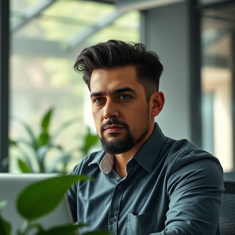Empreendedor estoico trabalhando em escritório brasileiro moderno, demonstrando foco e resiliência.