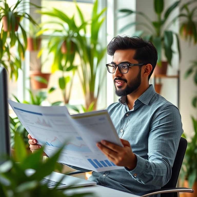 Empreendedora brasileira analisa ponto de equilíbrio financeiro em escritório vibrante.