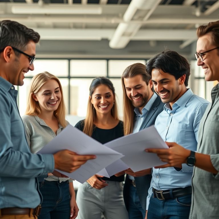 Empreendedores diversos colaborando em espaço de co-working, discutindo Simples Nacional.