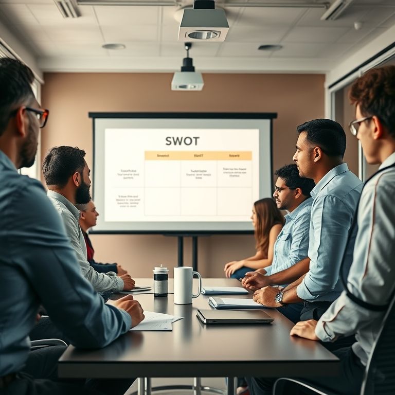 Equipe brasileira diversa trabalhando em análise SWOT para inovação.
