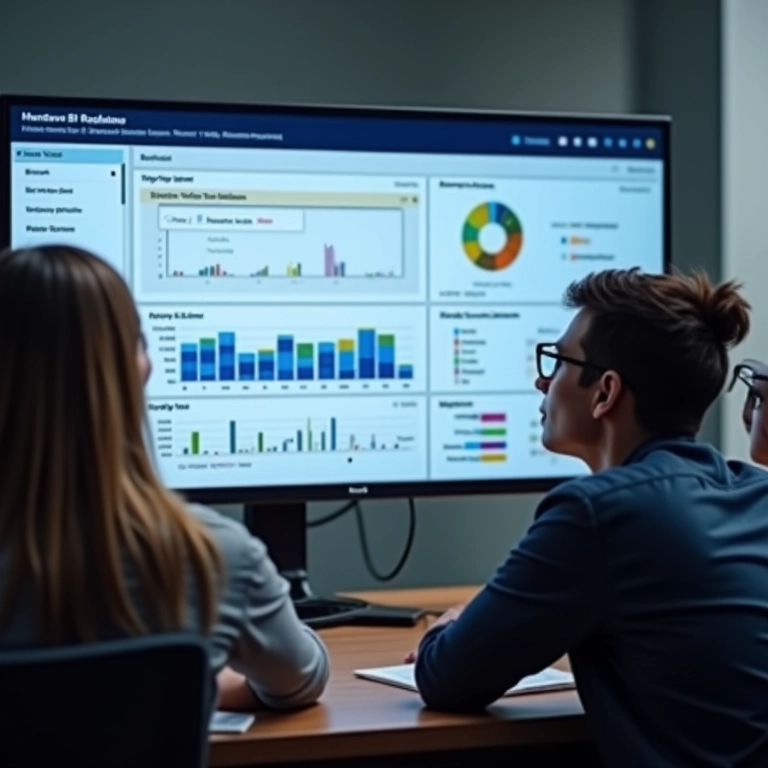 Equipe diversa analisando dashboard de RH no Power BI.