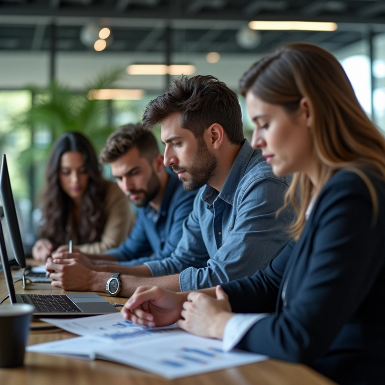 Equipe diversa analisando Demonstração do Resultado do Exercício (DRE) em escritório moderno.