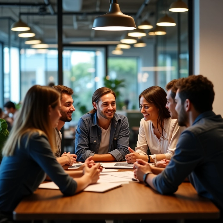 Equipe diversa colaborando em estratégias de vendas em um escritório moderno e vibrante no Brasil.
