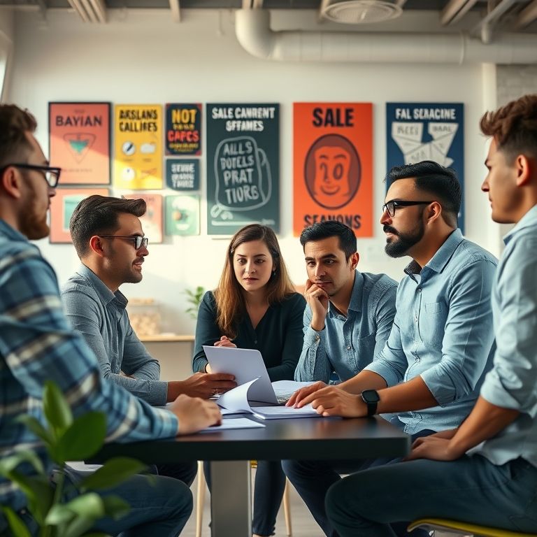 Equipe diversa colaborando em estratégias de vendas.