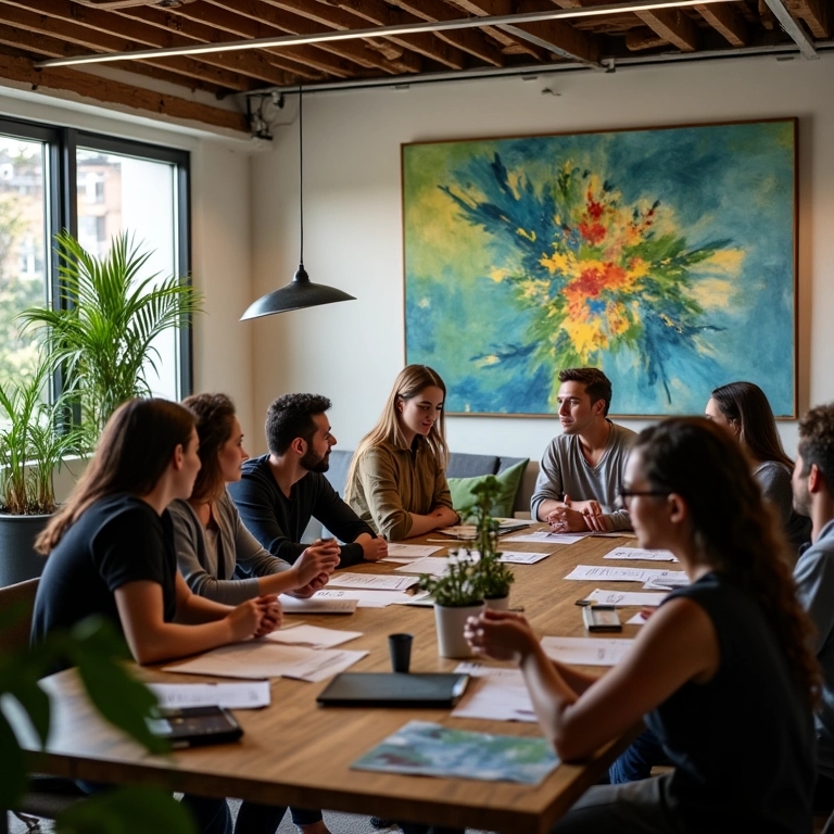 Equipe diversa colaborando em ideias inovadoras em escritório moderno e vibrante.