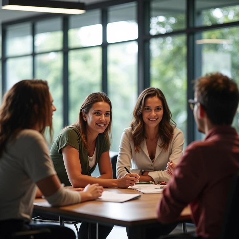 Equipe diversa colaborando em relatório de sustentabilidade em escritório iluminado.