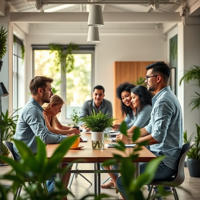 Equipe diversa colaborando em um ambiente de trabalho acolhedor, representando o sucesso do cliente.
