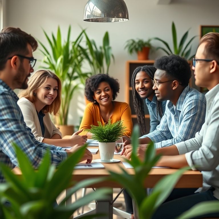 Equipe diversa colaborando em um ambiente de trabalho inclusivo.
