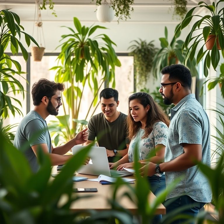 Equipe diversa colaborando em um espaço de co-working brasileiro, aplicando design centrado no humano.