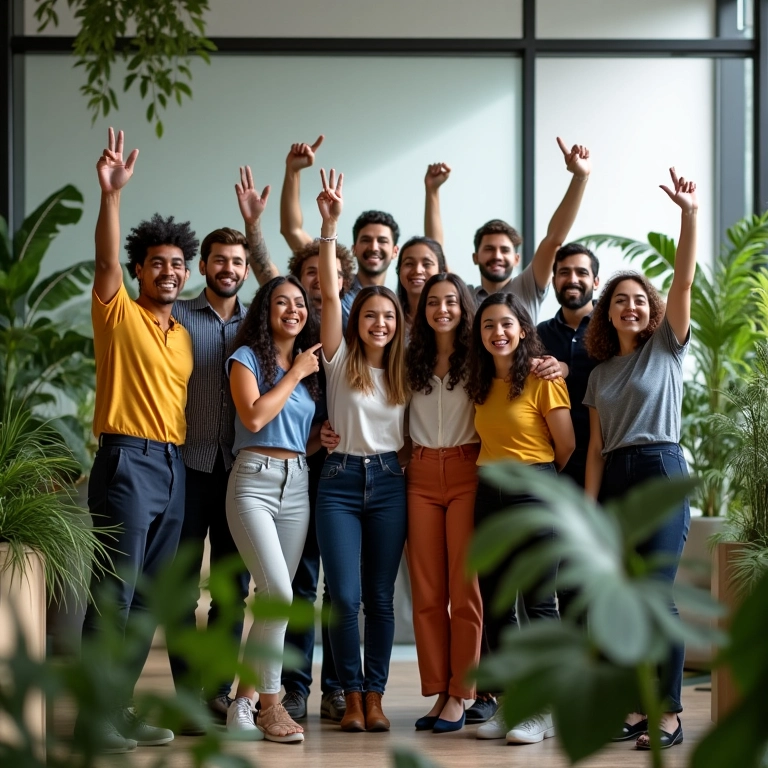 Equipe diversa comemora sucesso em escritório moderno e vibrante, refletindo um ótimo ambiente de trabalho.