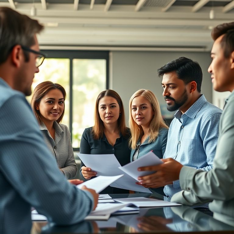 Equipe diversa de RH planejando o orçamento do próximo ano em escritório vibrante.