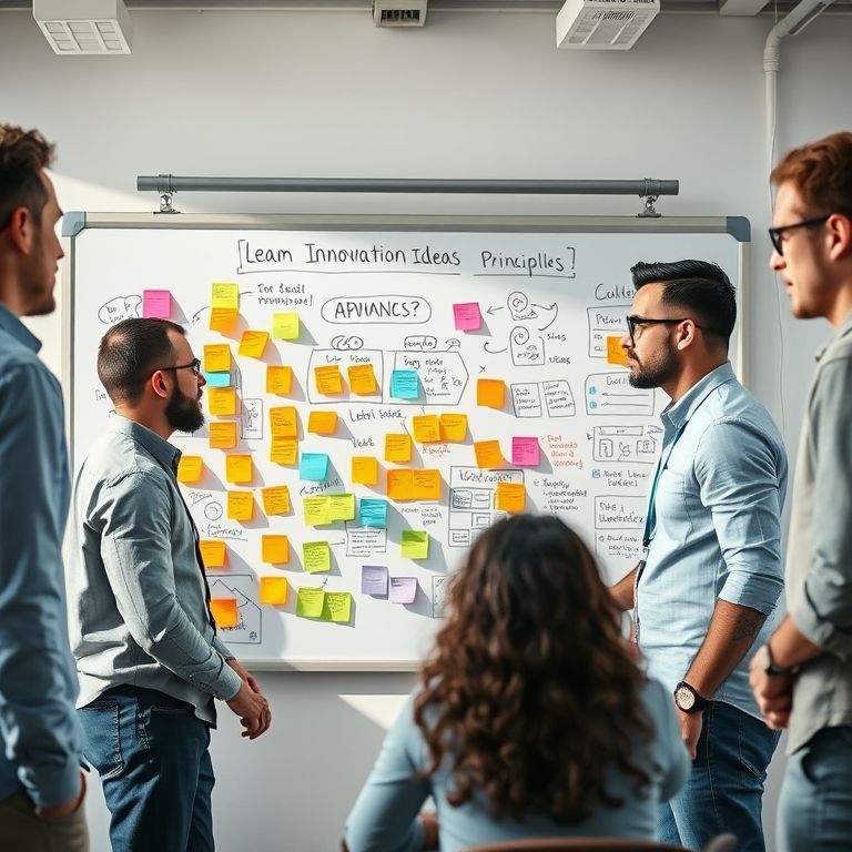 Equipe diversa em brainstorming sobre Lean Innovation em escritório moderno.