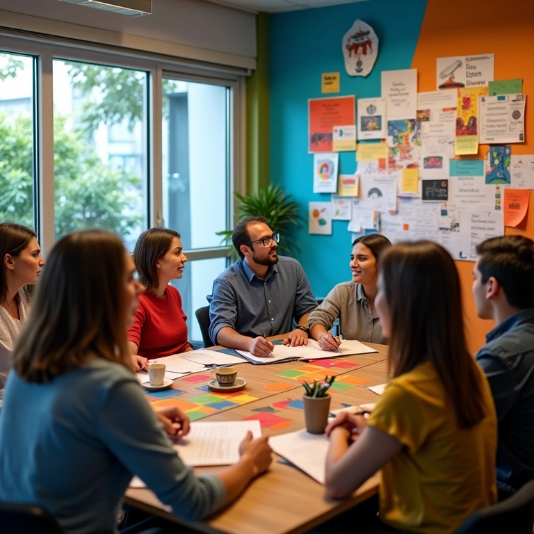 Equipe diversa em escritório brasileiro vibrante, colaborando em ideias inovadoras.