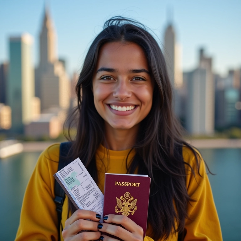 Estudante brasileiro sorrindo com passaporte e passagem aérea, pronto para o intercâmbio.