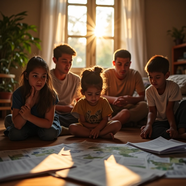 Família brasileira preocupada em sala de estar, documentos financeiros espalhados, simbolizando dívida e possível perda da casa.