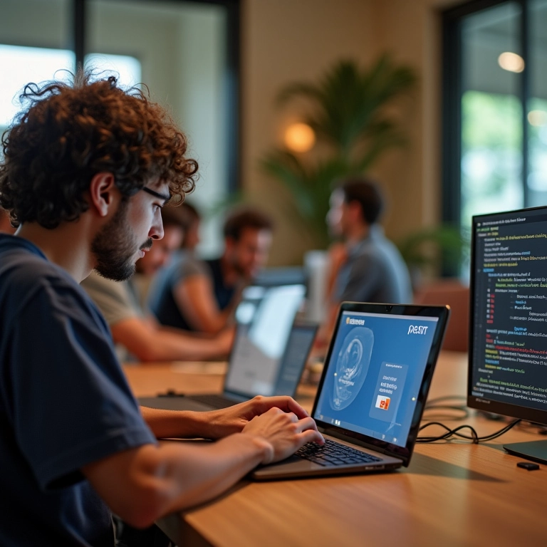 Freelancers diversos colaborando em espaço de co-working brasileiro, usando laptops com plataformas de pagamento seguras.