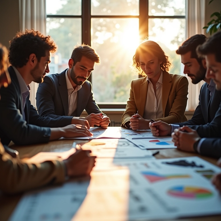 Grupo de investidores brasileiros analisando dados financeiros em equipe.