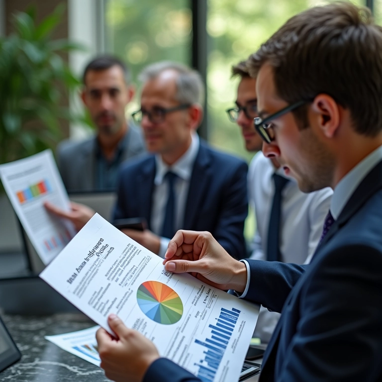 Grupo diverso analisa balanço financeiro, demonstrando acessibilidade.