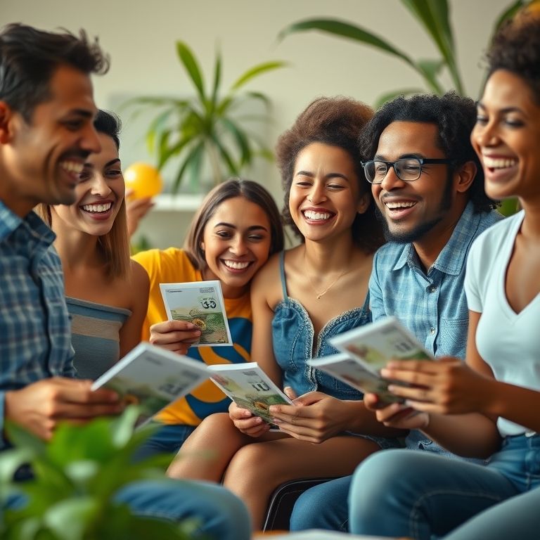 Grupo diverso de brasileiros economizando dinheiro com alegria.