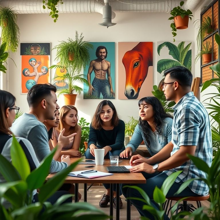 Grupo diverso em brainstorming em espaço de co-working brasileiro vibrante, cercado por arte e plantas.
