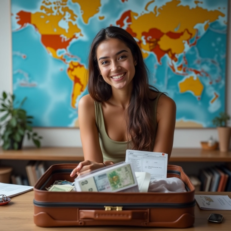 Jovem brasileira sorrindo enquanto organiza mala para estudar no exterior.