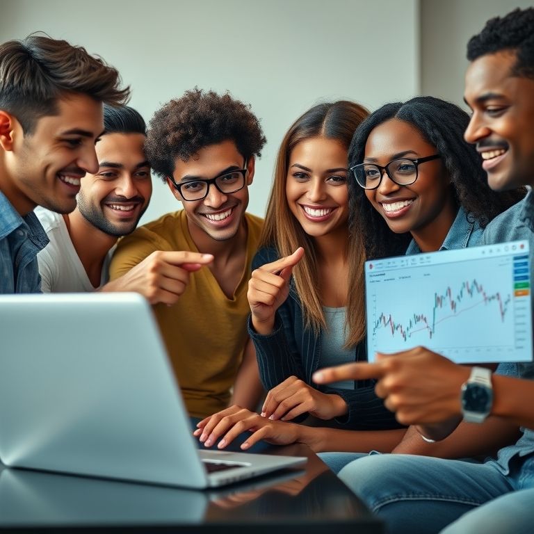 Jovens investidores analisando gráficos de opções em um laptop, demonstrando otimismo e sucesso.