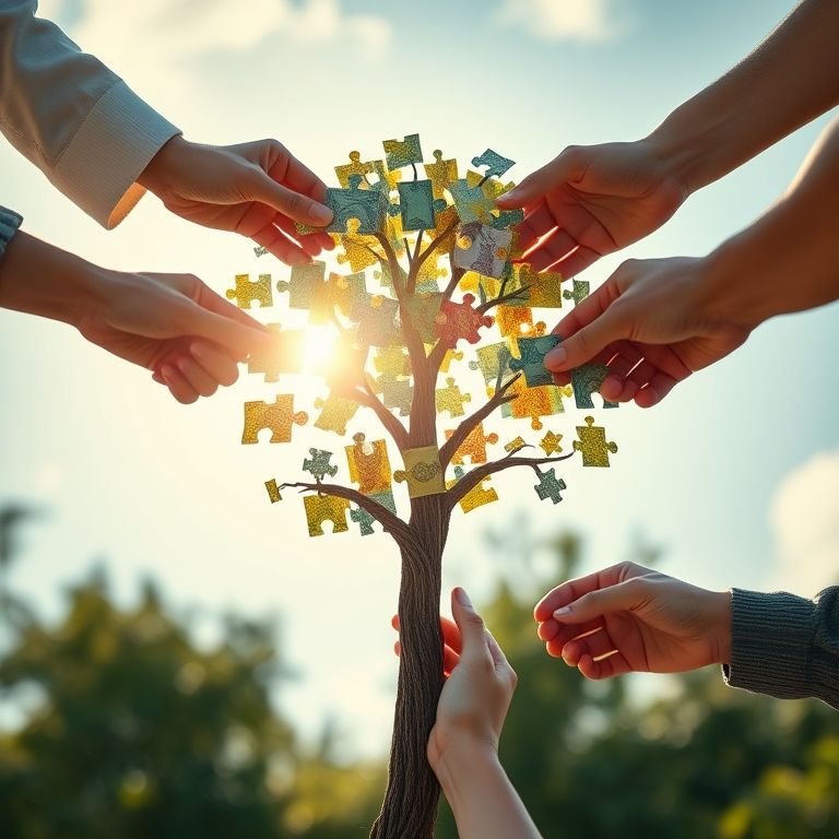 Mãos diversas montando um quebra-cabeça em forma de árvore de dinheiro, simbolizando a diversificação de investimentos.