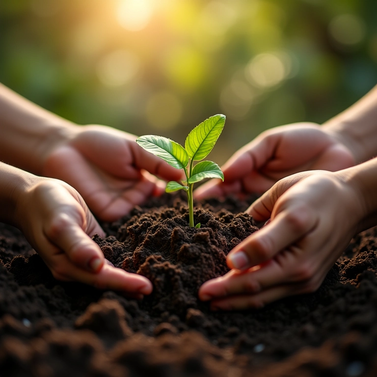 Mãos diversas plantando sementes, simbolizando o crescimento gradual e o impacto de micro-inovações.