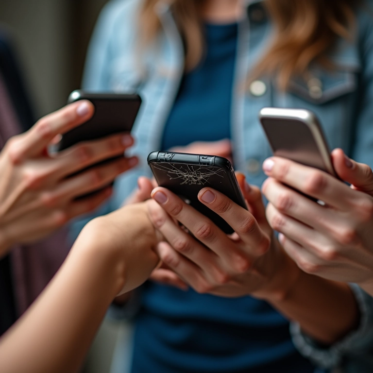 Mãos diversas segurando celulares, um com tela rachada, representando a necessidade de seguro.