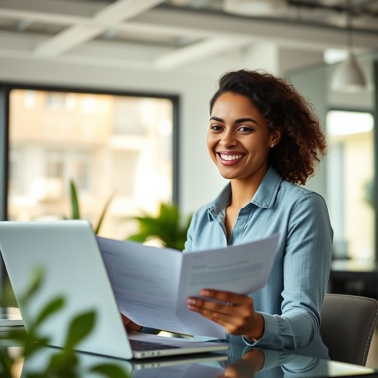 Mulher brasileira analisa opções de empréstimo para MEI em escritório moderno.