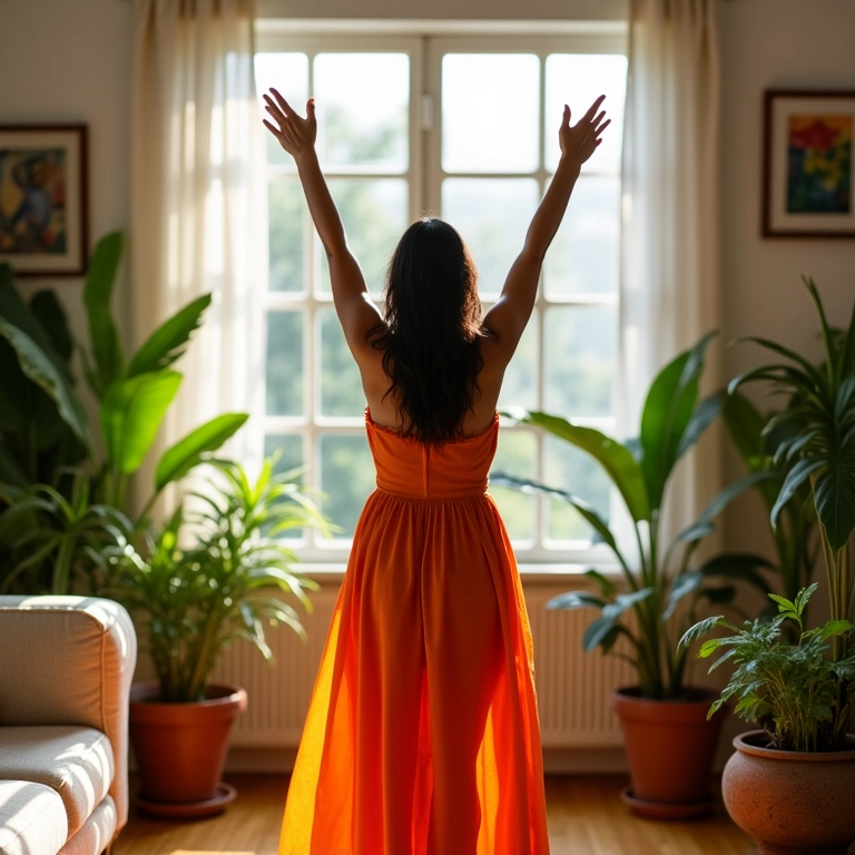 Mulher brasileira celebrando uma conquista em casa com decoração vibrante.