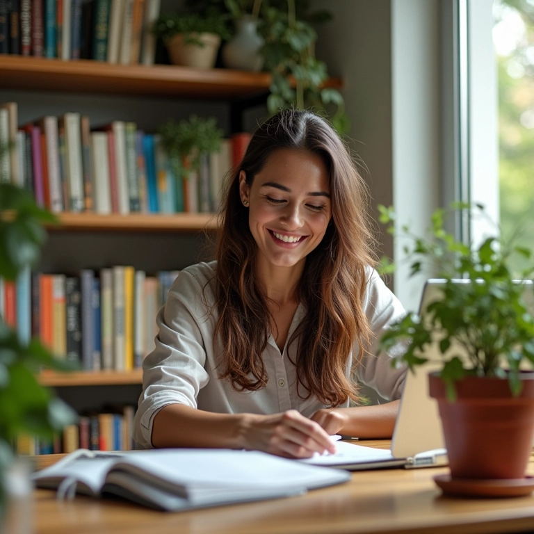 Mulher brasileira sorrindo em escritório ensolarado, estudando em um laptop, cercada por livros e plantas. Conceito de aprendizado contínuo.