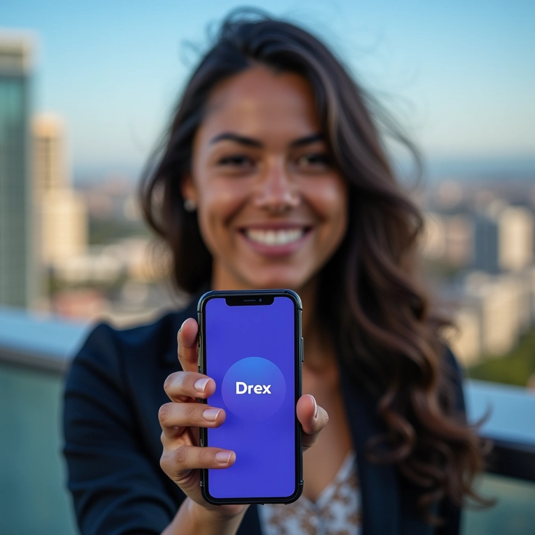 Mulher de negócios brasileira sorrindo com smartphone mostrando notificação 'Drex'.