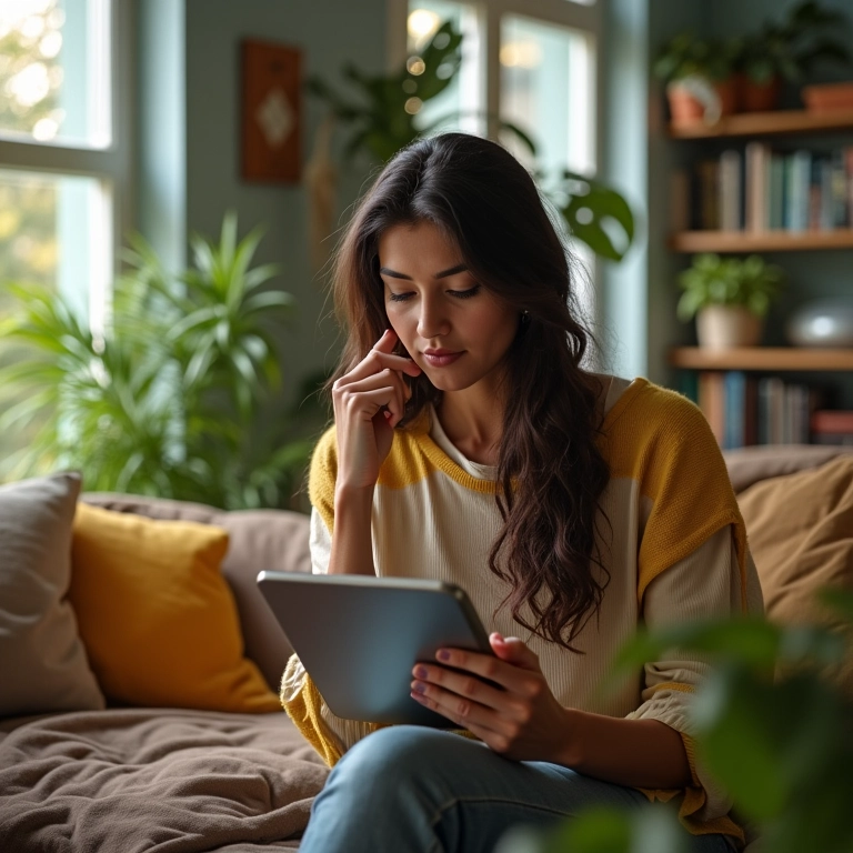 Mulher investindo em ETFs de renda fixa pelo tablet em casa.