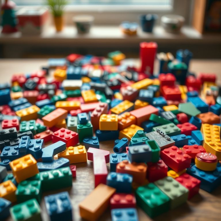 Peças de LEGO antigas espalhadas, representando a história da marca e sua capacidade de inovação.