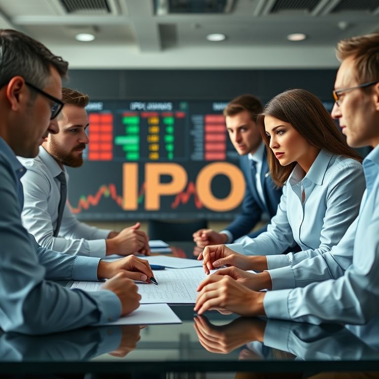 Profissionais analisando dados financeiros em reunião sobre IPO.