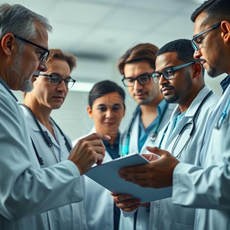 Profissionais médicos diversos analisando interface de diagnóstico com IA.