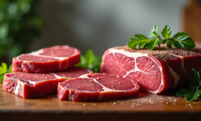 Carne de laboratório e carne tradicional lado a lado em cozinha moderna, representando a inovação alimentar.