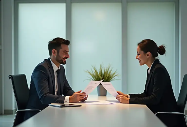 Casal empreendedor analisando finanças em escritório moderno