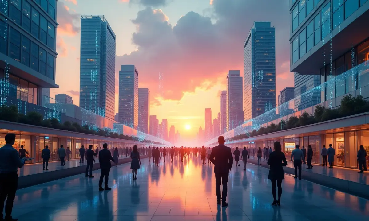 IA e Inovação Como Usar a Tecnologia a seu Favor Cidade futurística com IA integrada, representando inovação tecnológica.