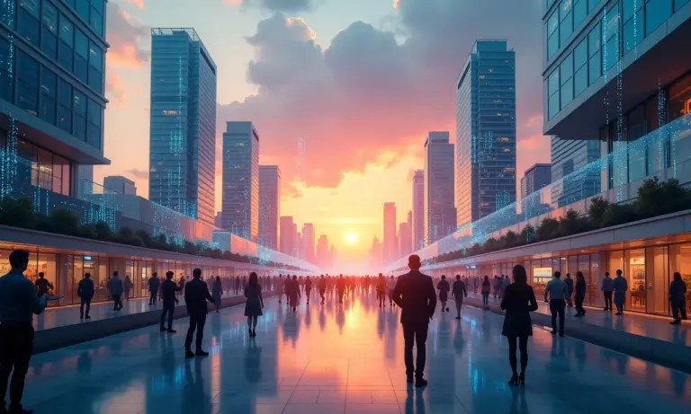 IA e Inovação Como Usar a Tecnologia a seu Favor Cidade futurística com IA integrada, representando inovação tecnológica.