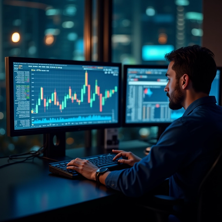Day trader concentrado analisando gráficos e dados do mercado financeiro em múltiplos monitores.